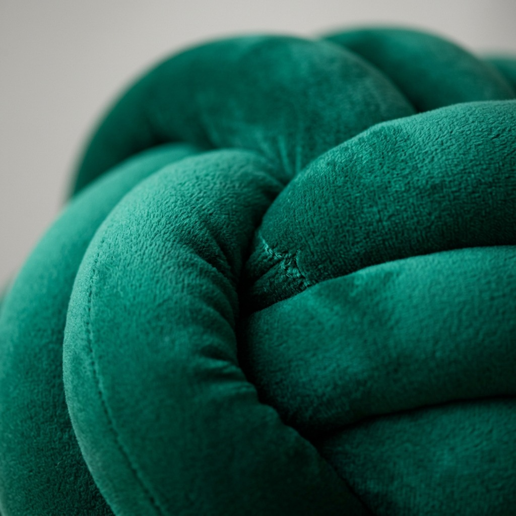 Extreme macro view of the fdmt Cuddle Ball's dense velvet weave and hand-tied fabric layers.