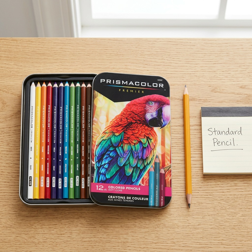 Prismacolor Premier 12-count pencil tin shown next to a common graphite pencil for clear, real-world size reference.
