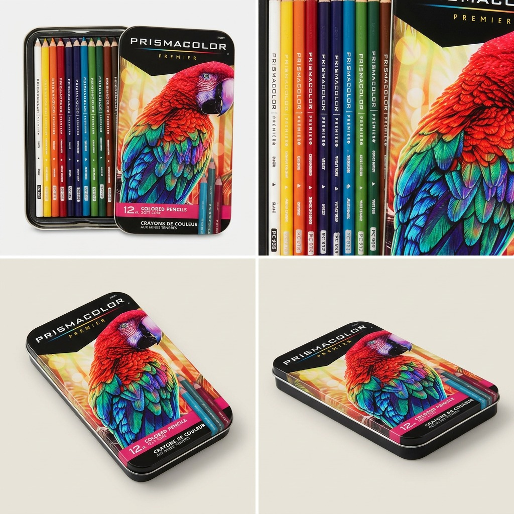 PDP visual matrix showcasing the Prismacolor Premier 12-count colored pencil set from multiple angles.