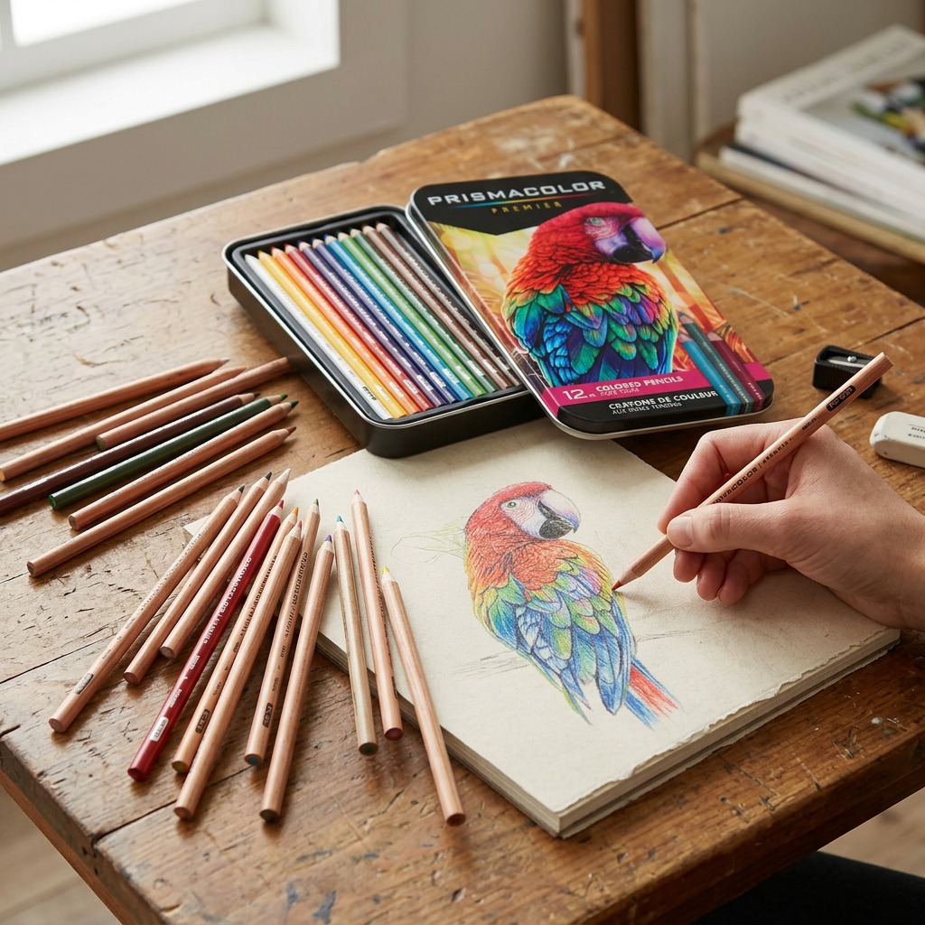 This photo shows the open Prismacolor tin and soft core colored pencils with a vibrant macaw illustration.