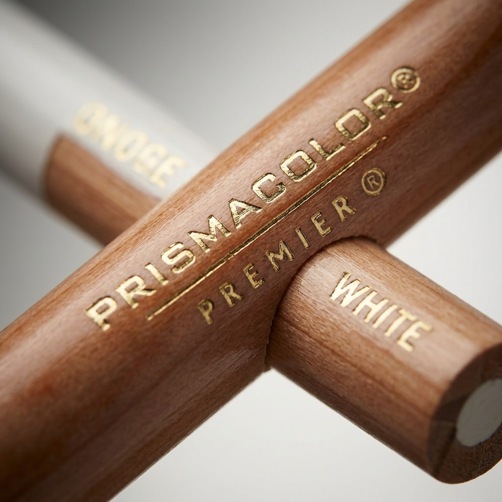 extreme close-up view focusing on the hand-stamped gold lettering PRISMACOLOR PREMIER PC 938 WHITE on the barrel of a colored pencil, highlighting the texture and precision.