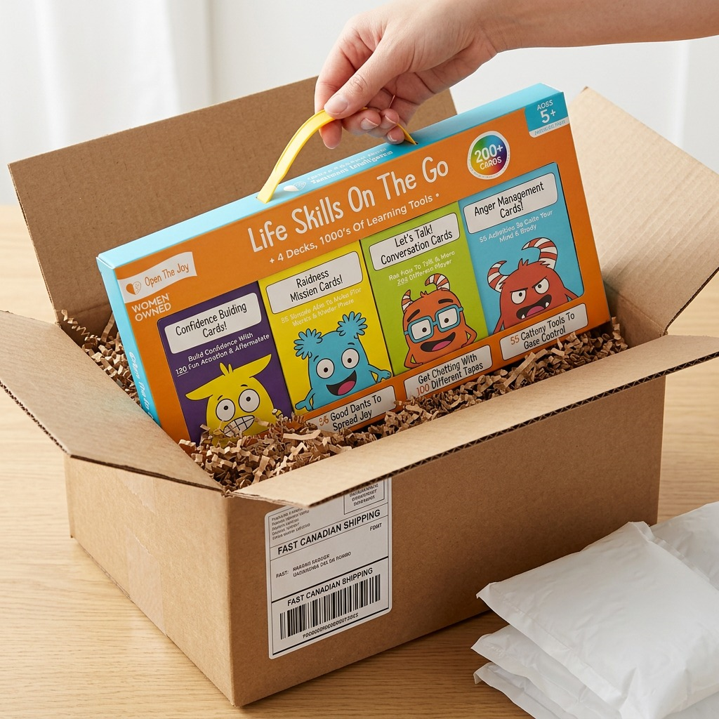 A hand unpacking the fdmt Life Skills On The Go set from a box with protective padding.