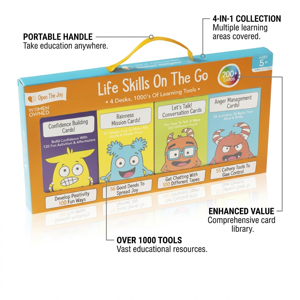 A product feature infographic highlighting the key benefits of the Life Skills On The Go Complete Collection.