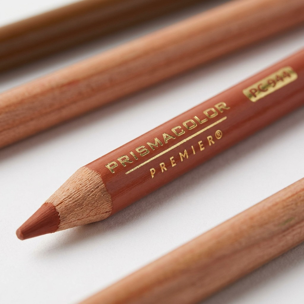 Macro detail of a Prismacolor Premier pencil: soft core, fine pigment, gold embossing.