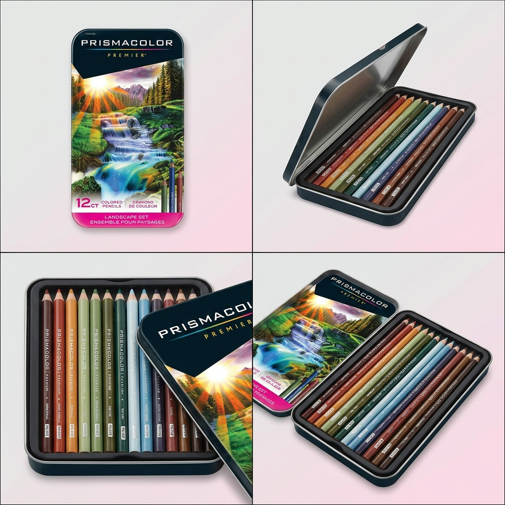 A clean ecommerce grid matrix showing the PRISMACOLOR Premier Landscape Set tin from five different precise angles, including a top-down and angled tin view with distinct pencil colors visible.