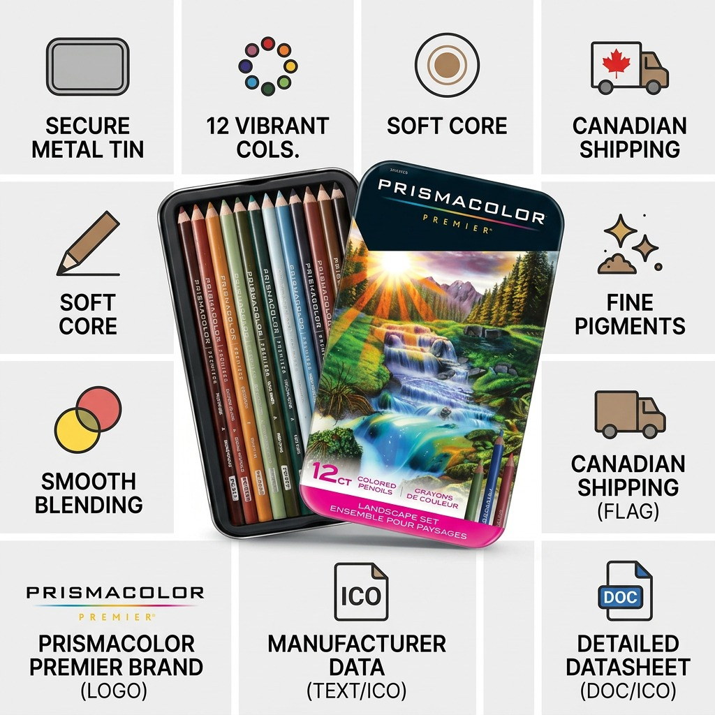 Confidence infographic of the Prismacolor 12CT Landscape Pencils, in its original tin, showing key details and fast Canadian shipping.