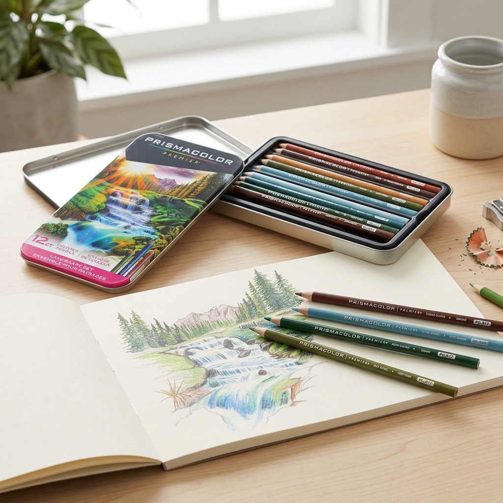 Prismacolor 12 Landscape artist pencils are shown in a stylized and accurate in-use shot, with pencil tips illustrating a landscape scene in an open sketchbook on a clean, light wood desk. The set lies open nearby. Natural daylight bathes the realistic scenario.