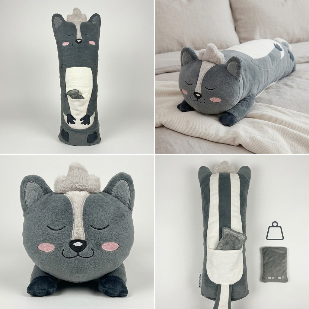 Grid of Pétunia the Skunk weighted sensory plush showing front, back, and side views with insert.