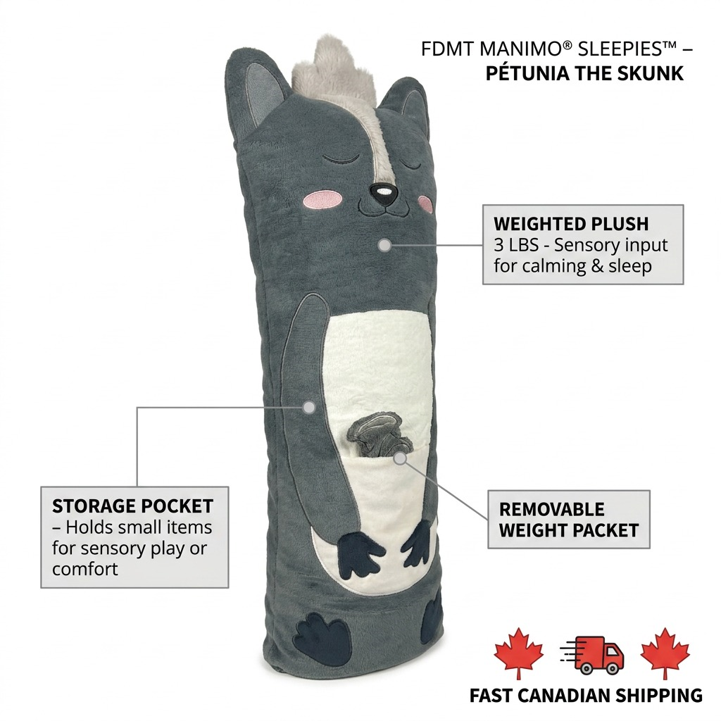 fdmt manimo Pétunia the Skunk weighted plush features: 3lb weight, storage pocket, and removable packet.