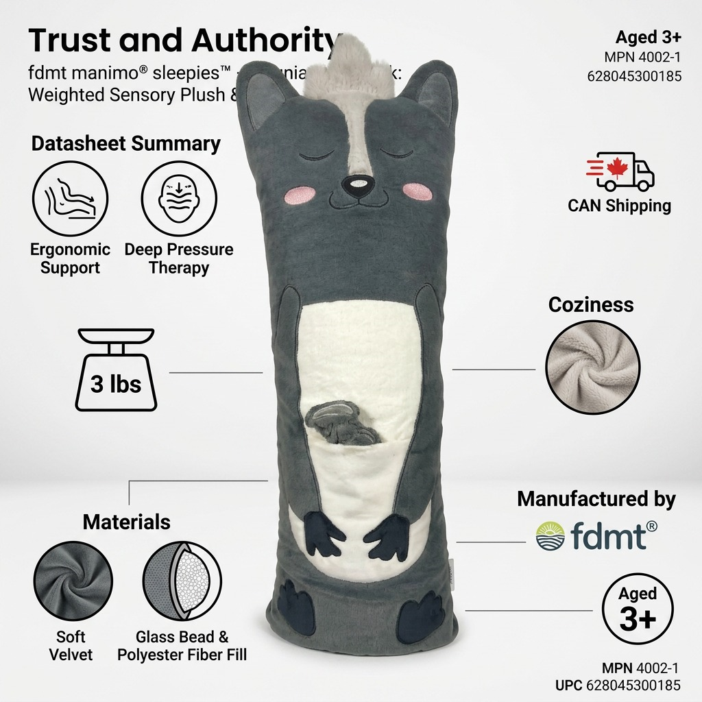 Infographic for fdmt Pétunia 3lb weighted skunk showing deep pressure therapy and velvet materials.
