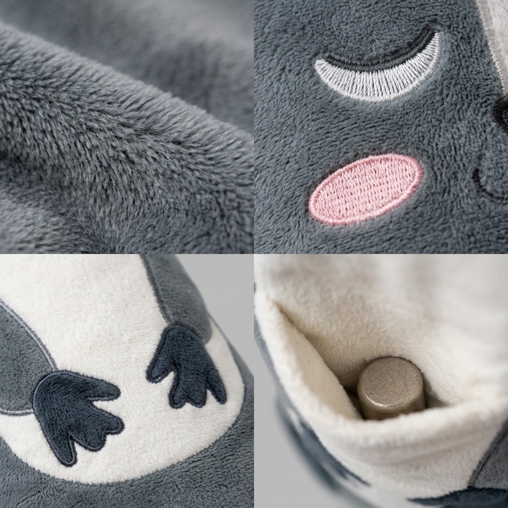 Macro detail of Manimo Sleepies Pétunia Skunk showing soft grey plush, embroidery, and weighted bead.