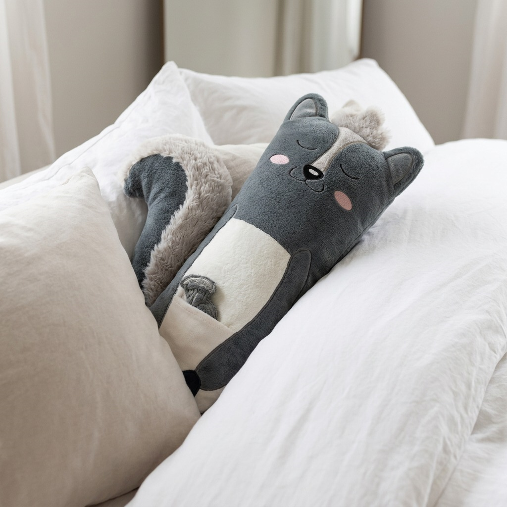 manimo sleepies Pétunia the Skunk 3 lb weighted sensory plush resting on a white bed among pillows.