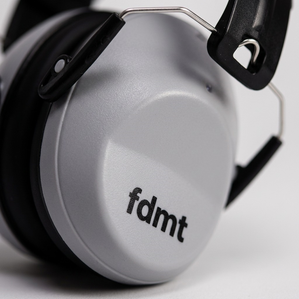 Macro detail of Grey fdmt Earmuffs showing the textured matte finish, adjustable wire arm, and logo.