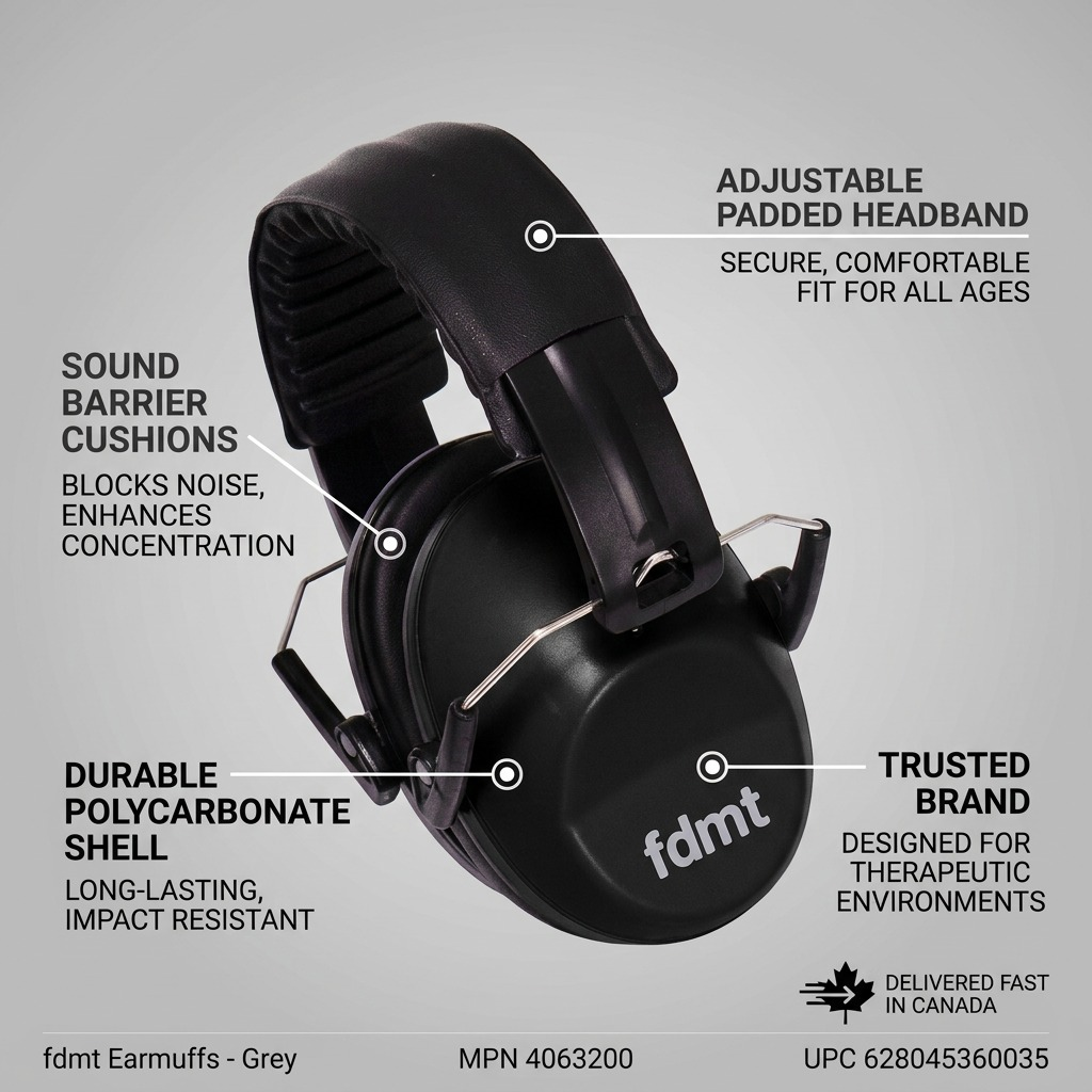fdmt grey earmuffs showing padded headband, sound barrier cushions, and durable polycarbonate shell.