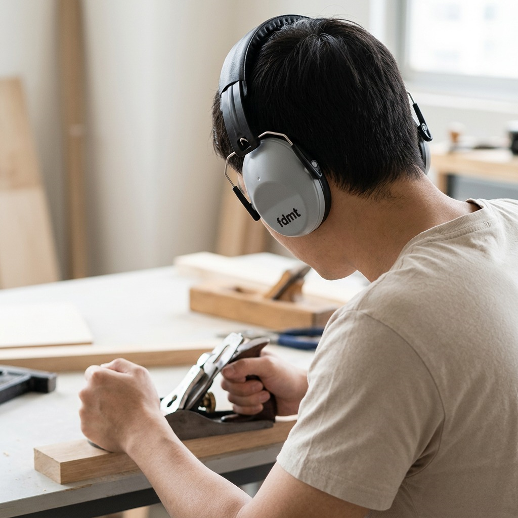 Person in a workshop wearing grey fdmt noise reduction earmuffs while using a wood plane.