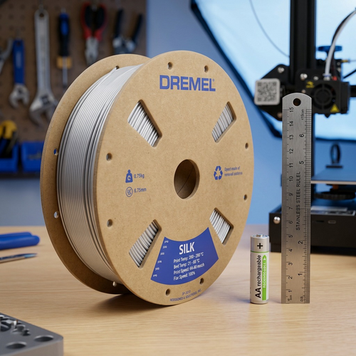 A silver 3D filament spool is positioned next to a standard AA rechargeable battery for clear size comparison.