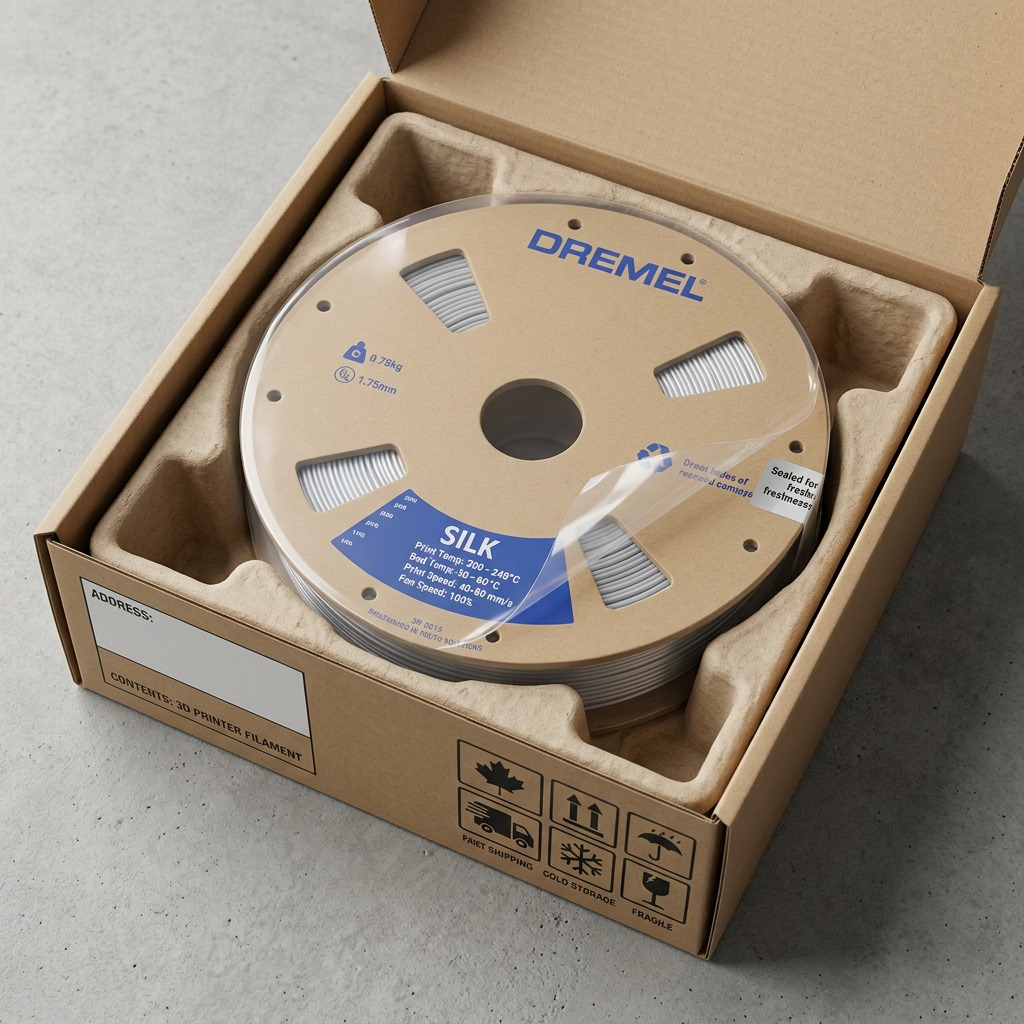 Unboxing a 3PI Tech Solutions Silver Silk PLA filament spool from protective shipping.