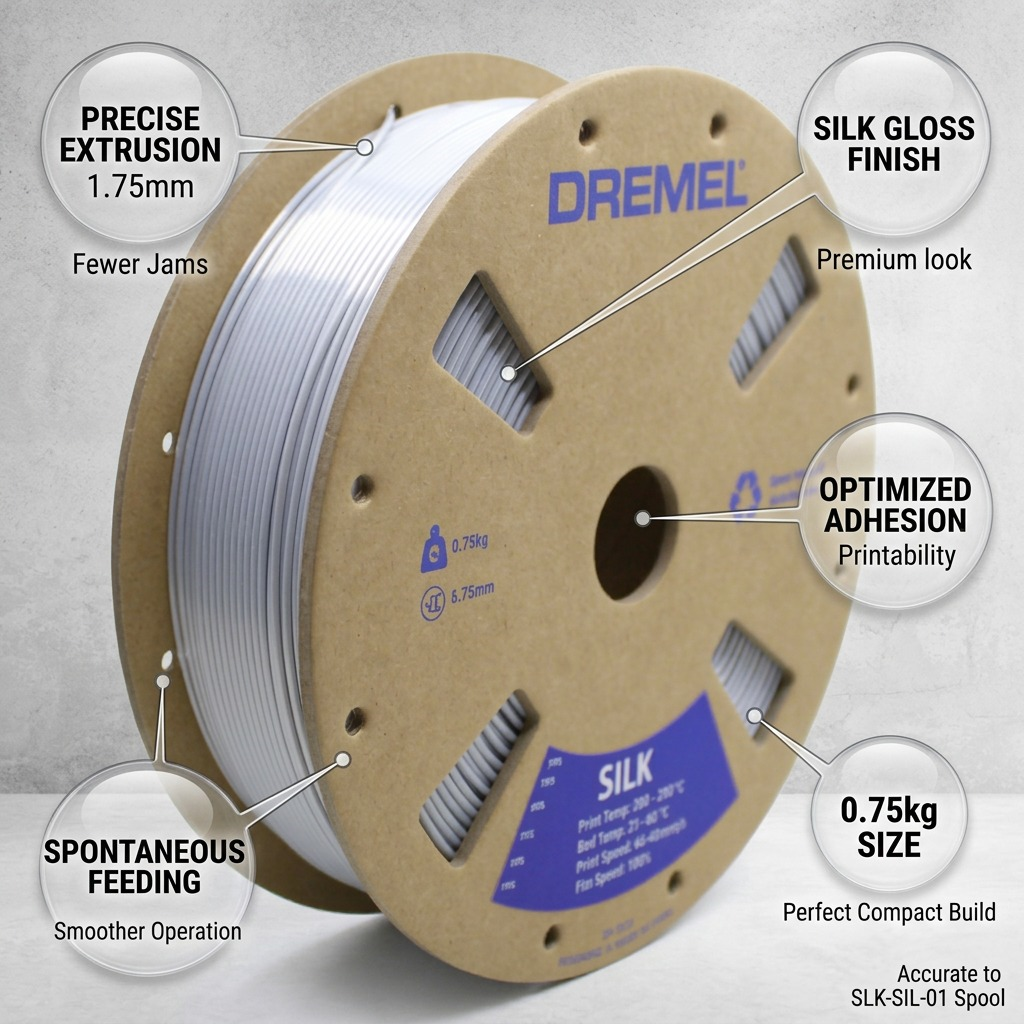 3D filament spool visualization featuring key performance feature callouts like smooth feeding and precise extrusion.