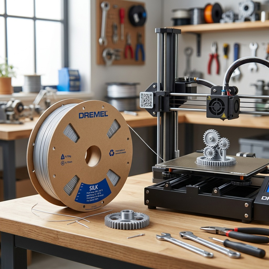 A 3.Dremel Silk PLA Silver 1.75mm filament spool near a 3D printer on a workshop workbench.