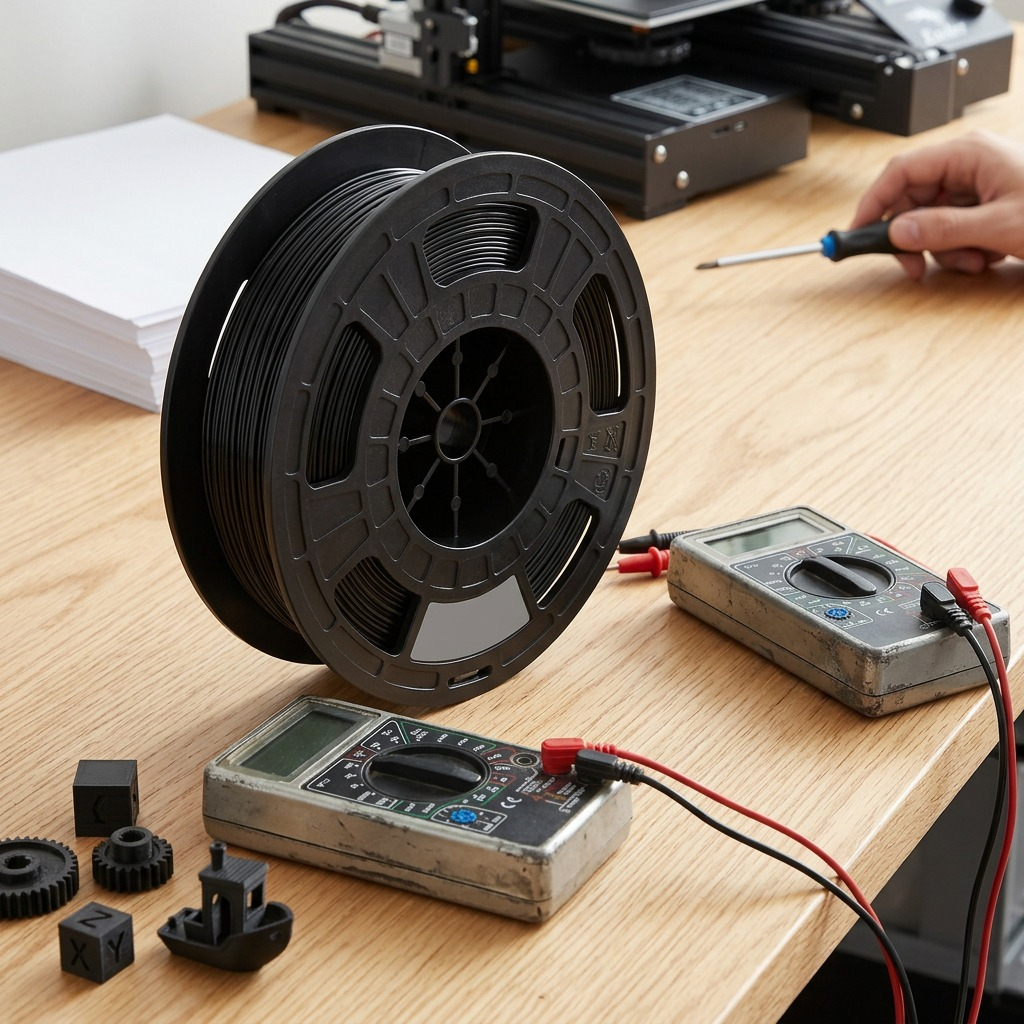 A black 0.50kg 3D nylon filament spool is shown on a desk alongside common workspace items and tools.