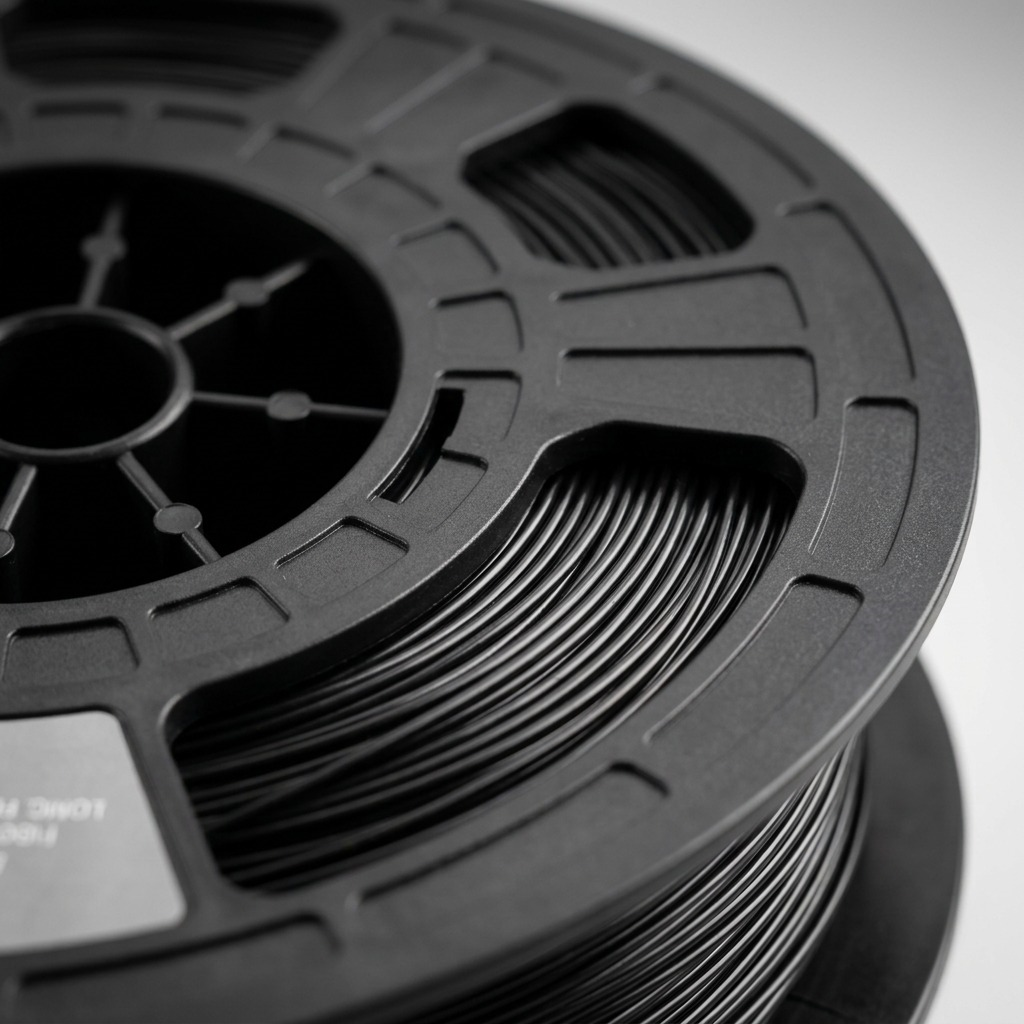 A detailed macro photograph showing the high-precision winds of 1.75mm black 3D Nylon filament on its matching spool, with complex geometric structures.