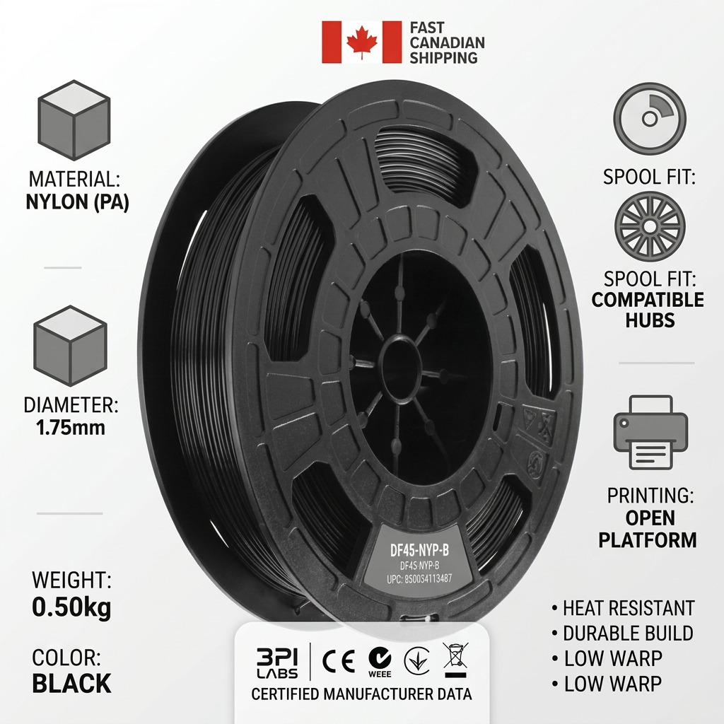 E-commerce trusting infographic for black nylon 1.75mm filament with specs & Canadian shipping.