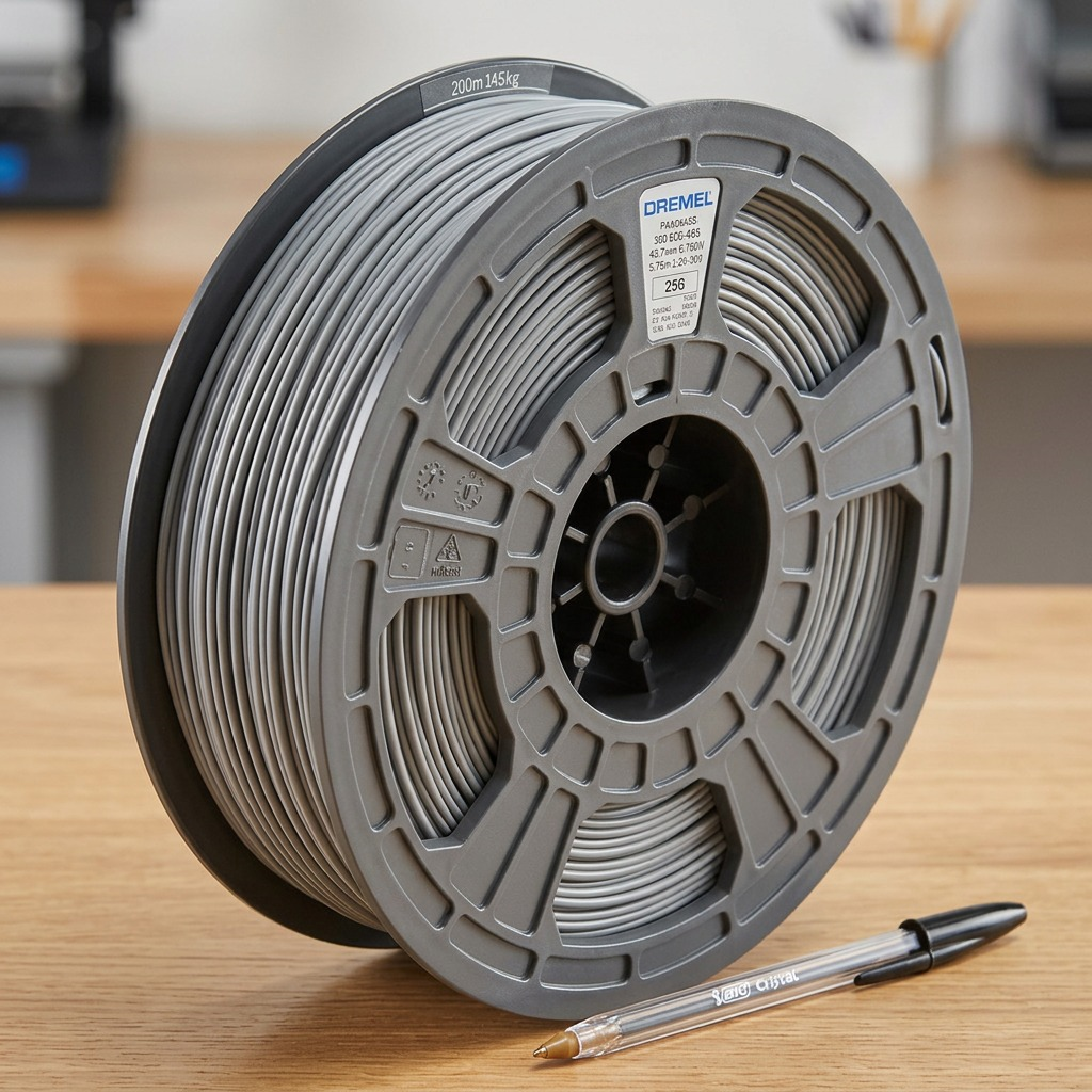 DREMEL ECO-ABS filament on a brown wooden desk next to a clear blue pen for scale in a workshop