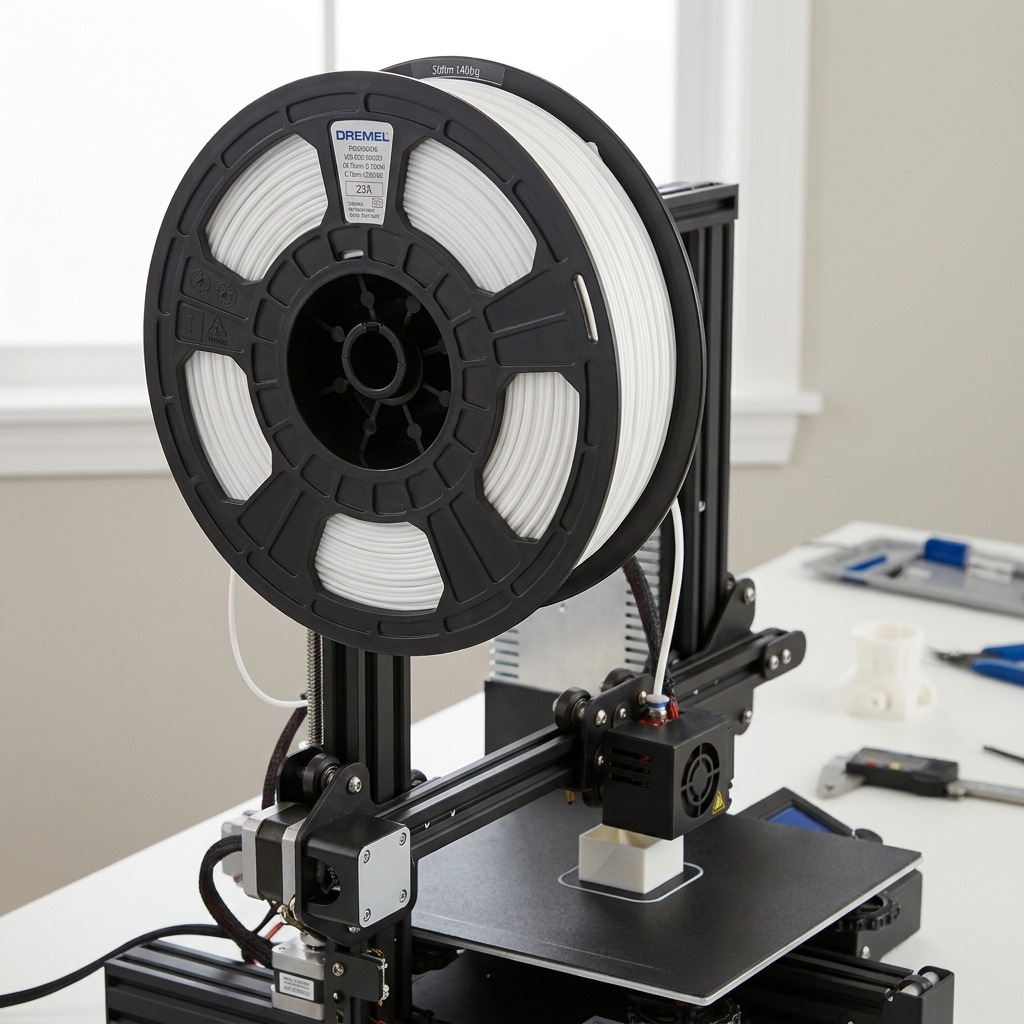 A lifestyle image featuring the black ECO-WHI-01 ECO-ABS filament spool mounted on a 3D printer, ready for use.