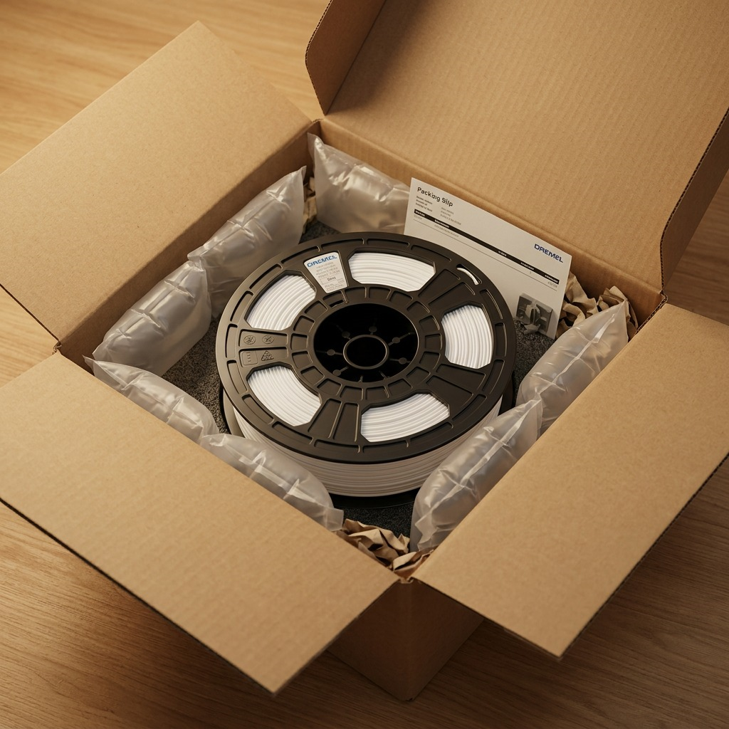 An open, padded shipping box displays a protected Dremel 3D ECO-ABS filament spool, ready to use. This indicates a focus on shipping confidence.