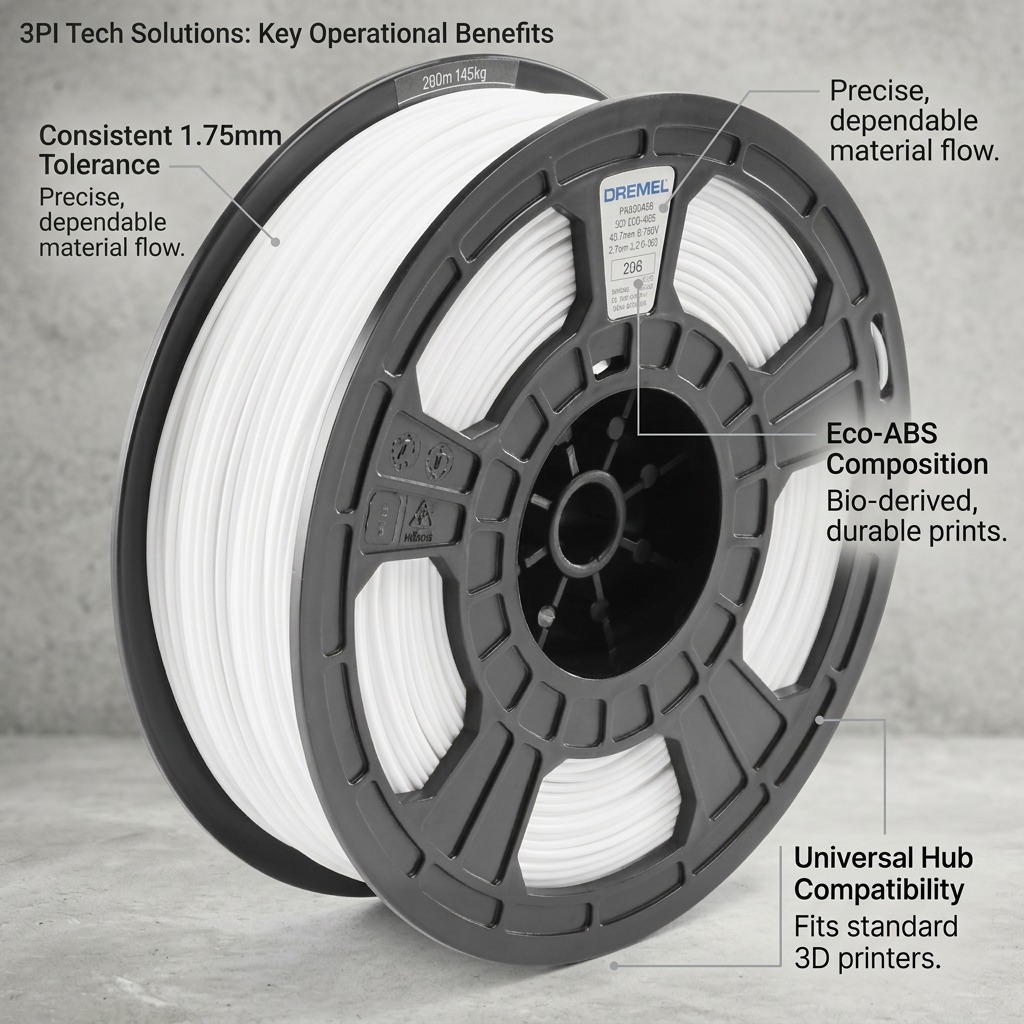 A detailed look at the 3PI 3D ECO-ABS filament showing its operational features and benefits.