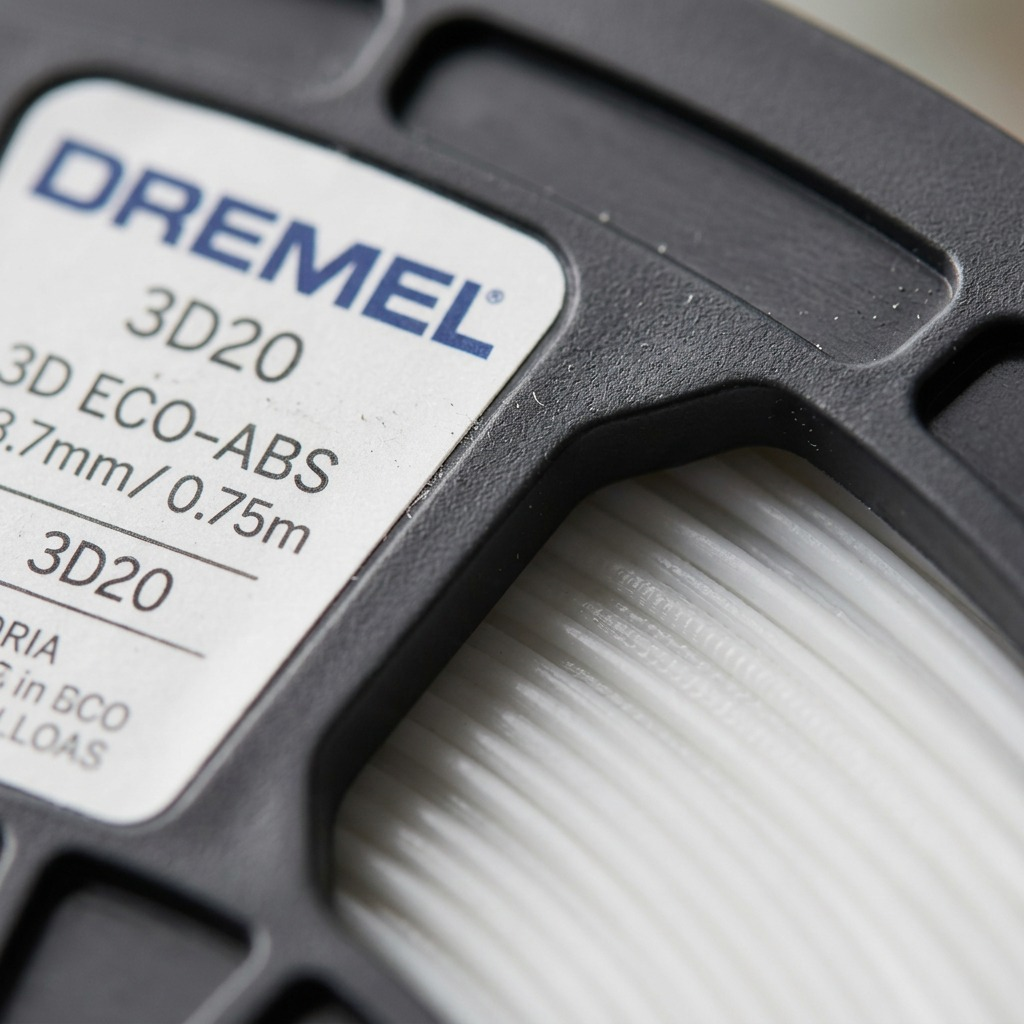 Macro detail of white ECO-ABS filament wound on a black spool.