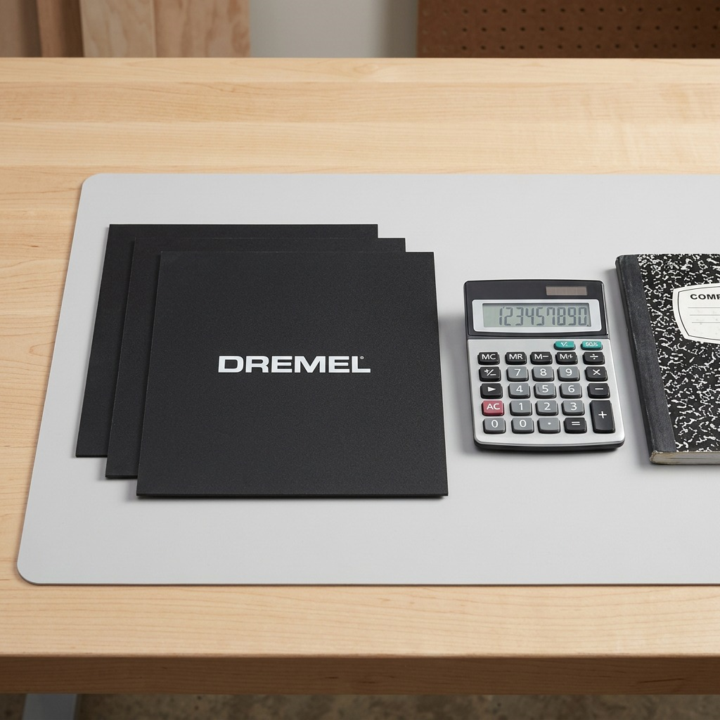 Three Dremel 3D40 build sheets stacked next to a calculator and notebook for size reference.
