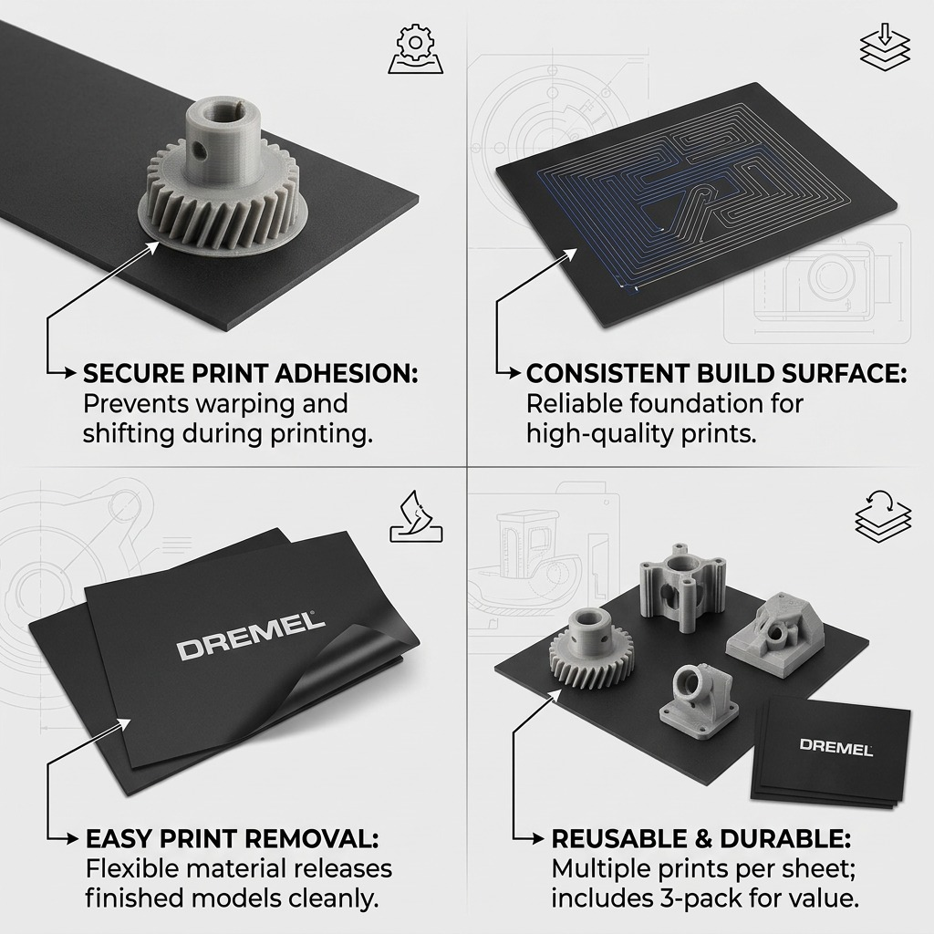 A matrix of four product callouts for the Dremel 3D40 Build Sheets on a light gray background, highlighting key features like adhesion and reuse.