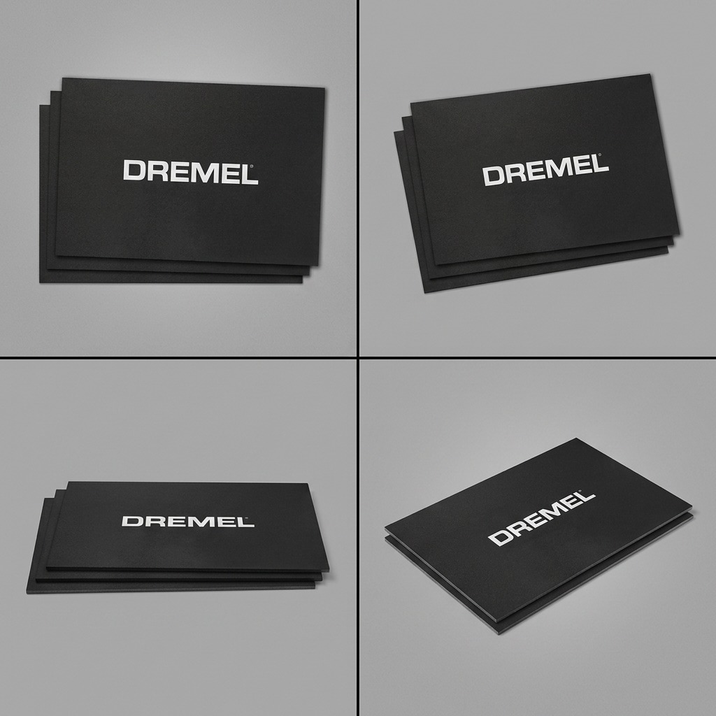 Premium grid array showing three stacks of black Dremel 3D40 Build Sheets, all with canonical logo, seen from three different angles.