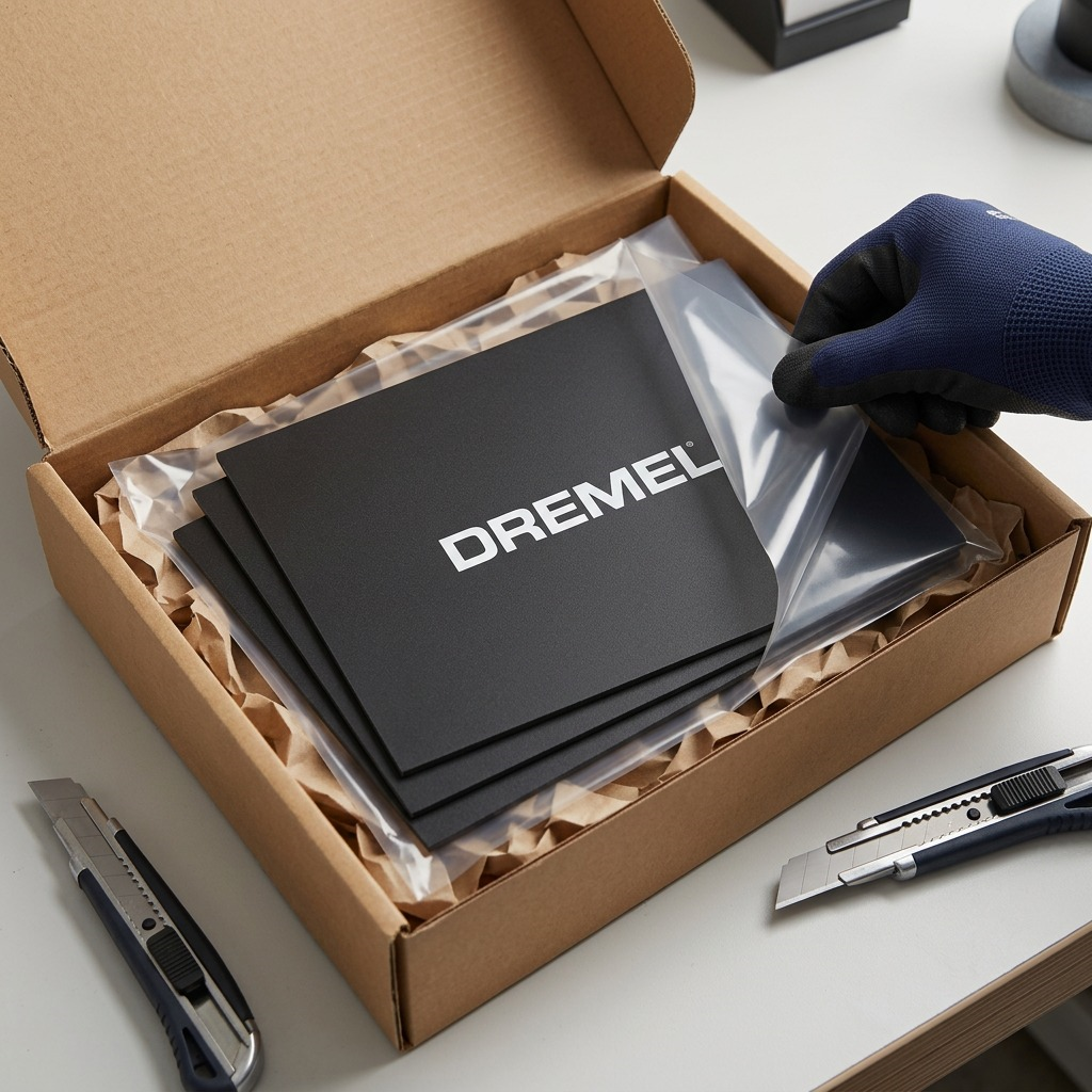 A box unboxing scene showing three Dremel build sheets in protective anti-static sleeves.