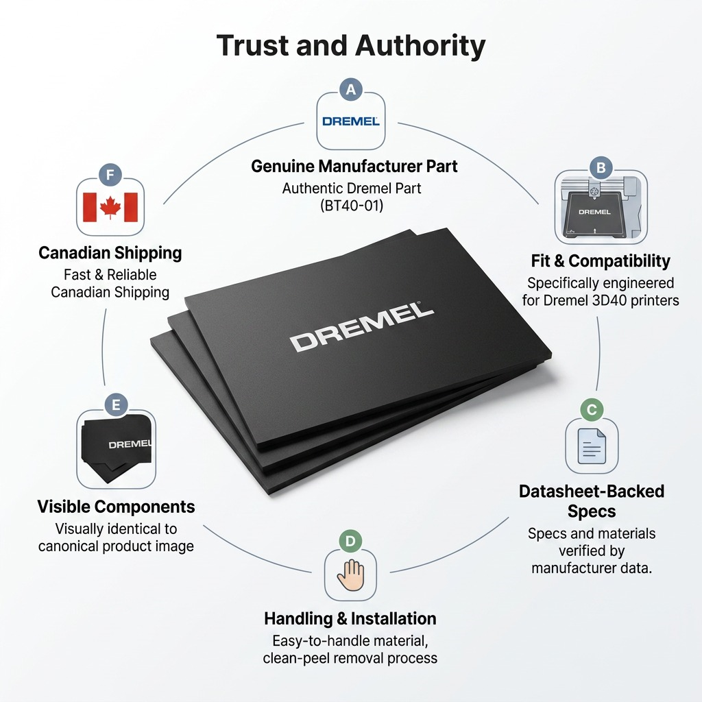 Factual and reliable: A Dremel 3D40 Build Sheet (3-pack) surrounded by trust signals for build, compatibility, and speed.